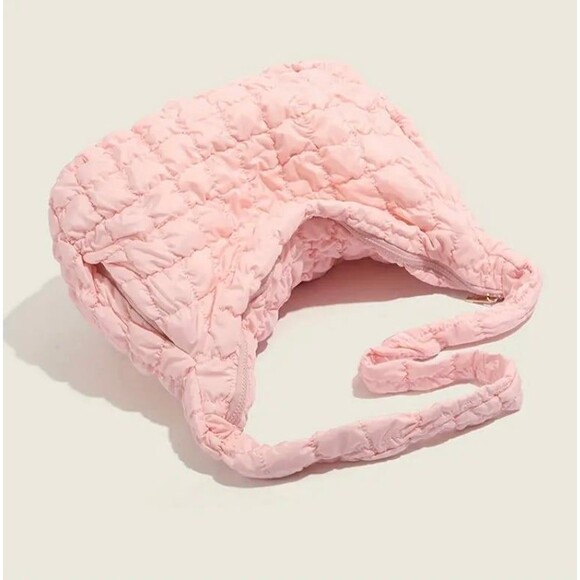 Light Pink Quilted Puffer Shoulder Tote Bag Large Capacity Travel Purse - Picture 3 of 6